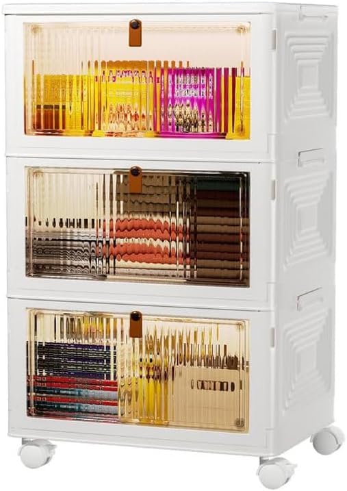 YFXCVSL 3 Tier Plastic Storage Bins with Lids 35QT, Stackable Storage Containers with Wheels, Folding Storage Boxes, Extra Large Collapsible Storage Bins, White