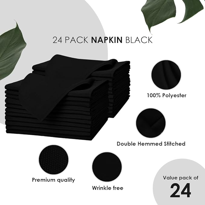 Avalon Kitchen Black Cloth Napkins Bulk (Pack of 24) - 100% Polyester Dinner Linen Napkins Cloth Washable & Reusable - Durable with Hemmed Edges - Ideal for Parties and Weddings (17x17 Inches)