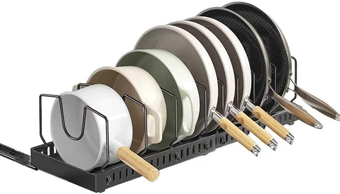 pots and pans organizer under cabinet,pot lid organizers inside cabinet holders for kitchen,Horizontal and vertical pulling modes,Can be extended and adjusted (Black horizontal pull-out)