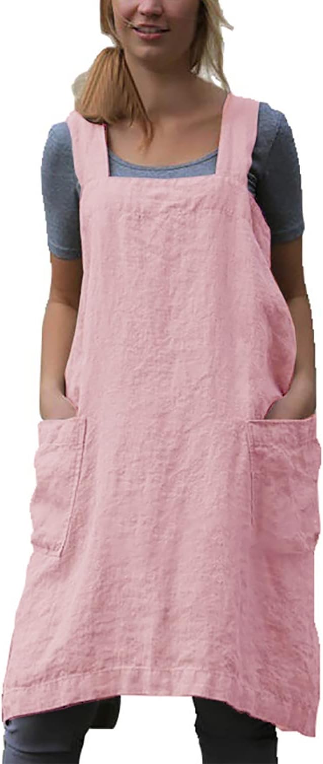 VLZUFE Cotton Linen Apron for women Cross Back Apron Pinafore Dress for Baking Cooking Gardening Work