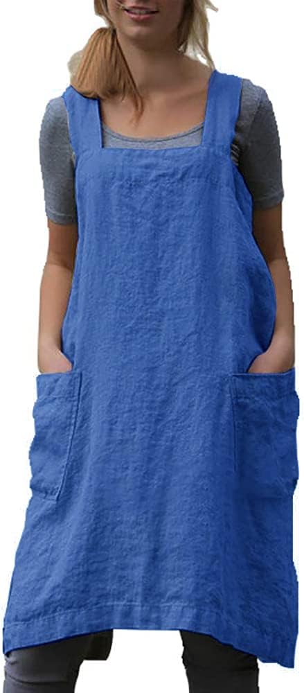 VLZUFE Cotton Linen Apron for women Cross Back Apron Pinafore Dress for Baking Cooking Gardening Work