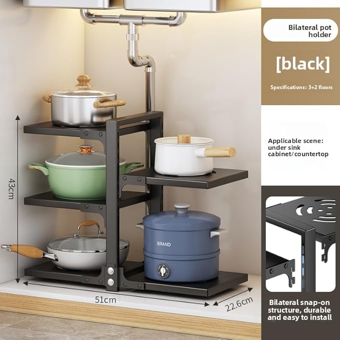 adjustable Pot and Pan Organizer for Cabinets - Heavy Duty No Drill Storage Rack, Fits 20 Inch Deep Shelves, Space Saving Under Shelf Design (each layer Max Load 15lbs)