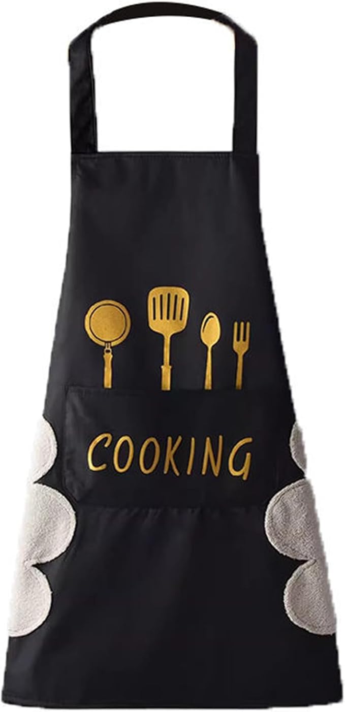 Women Kitchen Apron with Hand Wipe Pockets，Big Pocket,Hand-wiping, Waterproof for Cooking Baking-Black