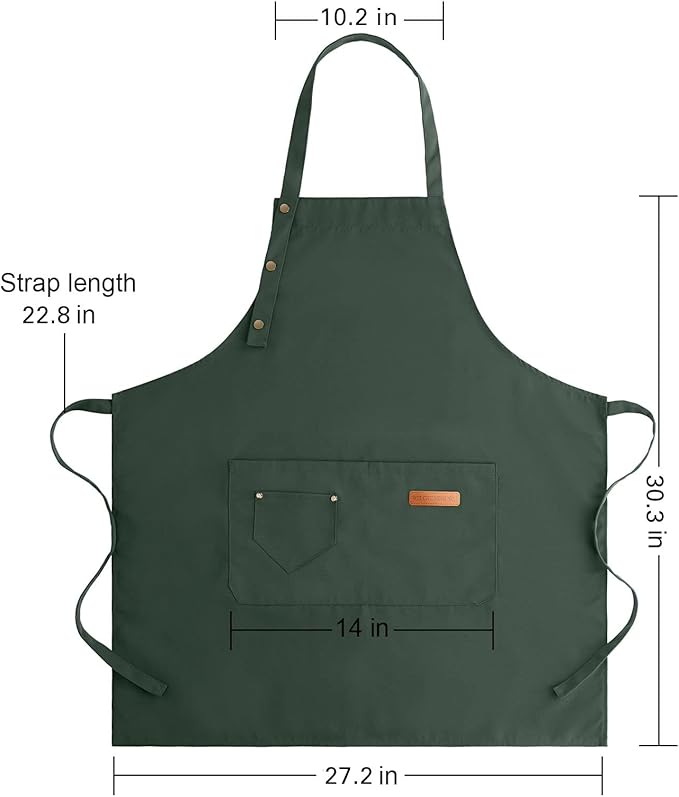 Apron for Men Women with Adjustable Straps and Large Pockets, Canvas Cotton Cooking Kitchen Chef Bib Aprons Waterproof Green