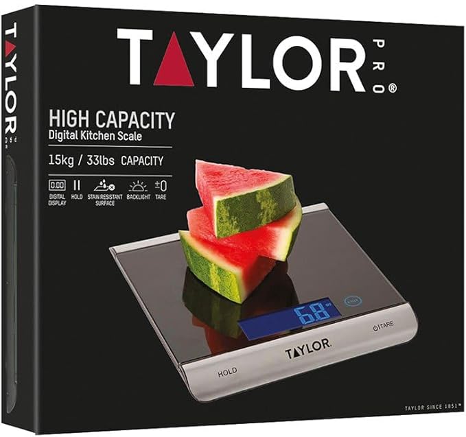 Taylor Pro Ultra High Capacity Digital Kitchen Food Scales, Compact Professional Standard with Precision Accuracy and Tare Feature, Black Glass And Stainless Steel, Weighs 15 kg Capacity