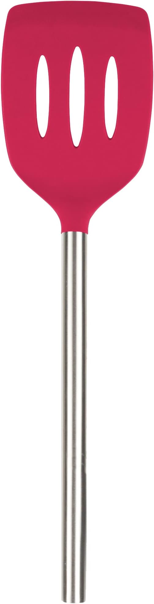 Tovolo Slotted Silicone Spatula Turner Slotted Stainless Steel Handle 10" Viva Magenta Heat Resistant Non Toxic BPA Free Kitchen Utensil, Silicone Egg Pancake Flipper Metal Handle Turner for Cooking