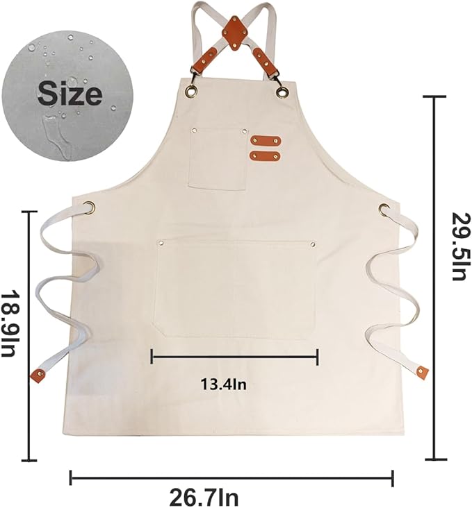 Chef Apron with Large Pockets for Women Men, Cotton Canvas Cross Back Water Repellent Adjustable Work Apron