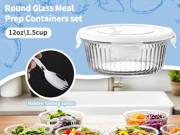 H.JSS WDJS 1.5 cup Round Glass Food Containers with Lids and Spoon, 12oz Small Glass Lunch Storage Containers, Small Round Meal Prep Bowls for Office, Outdoor. Microwave, Freezer, Dishwashe safe