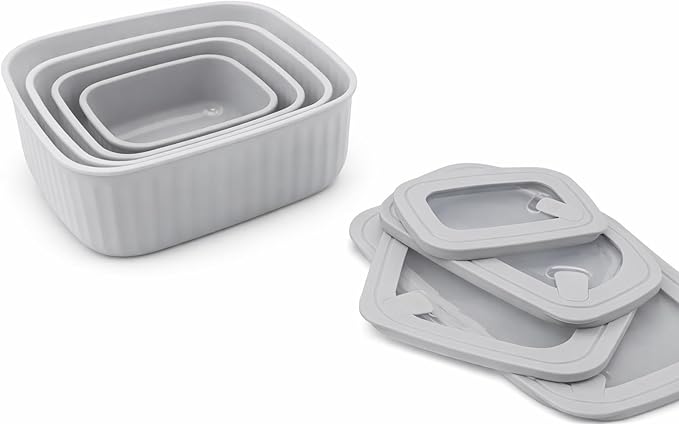 Set of 4 BPA Free Food Storage Containers with Vented Lids Assorted Sizes, Microwave & Freezer Safe, Leftovers, Meal Prep, Fridge Organization Dry Grains Storage (Light Gray)