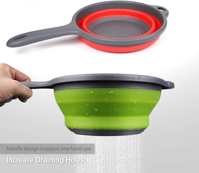 2 Pack Kitchen Foldable Silicone Strainer Colanders, Collapsible Colanders with Handles, Space-Saver Folding Strainer Colander for Draining Pasta, Vegetable (Green and Red)
