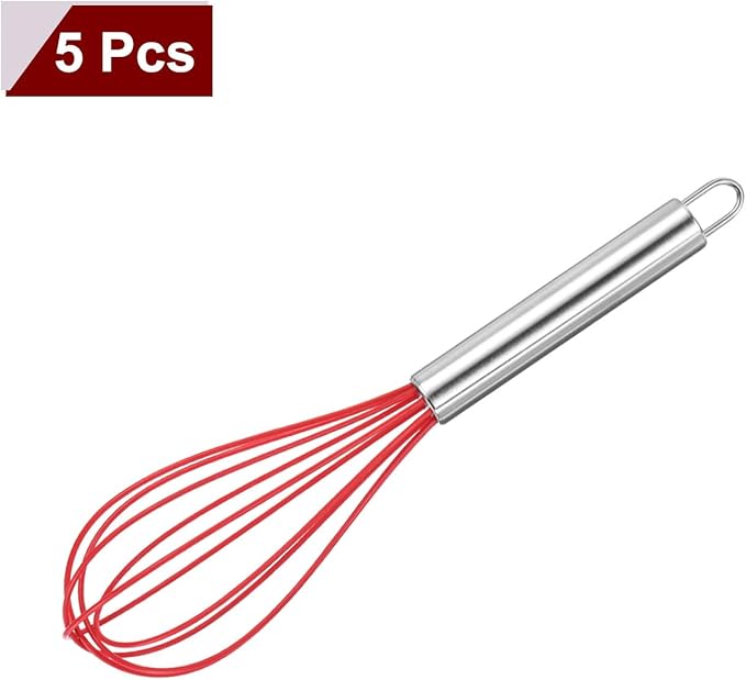 HARFINGTON 5Pcs Silicone Whisk 10" Kitchen Whisk Wire Whisks Beater with Stainless Steel Handle for Egg Milk Whisking Blending Beating & Stirring, Red