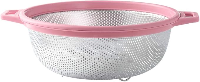 HiramWare Stainless Steel Colander With Handle and Legs, Large Metal Pink Strainer for Pasta, Spaghetti, Berry, Veggies, Fruits, Noodles, Salads, 5-quart 10.5” Kitchen Mesh Colander, Dishwasher Safe