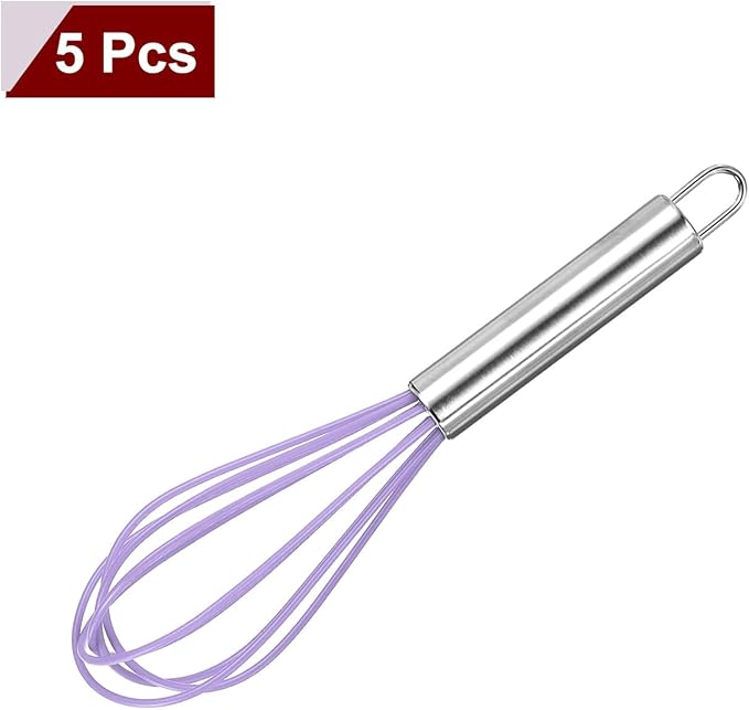 HARFINGTON 5Pcs Silicone Whisk 8" Kitchen Whisk Wire Whisks Beater with Stainless Steel Handle for Egg Milk Whisking Blending Beating & Stirring, Purple