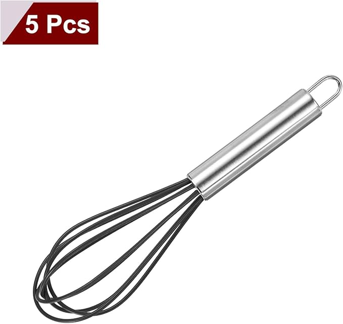 HARFINGTON 5Pcs Silicone Whisk 8" Kitchen Whisk Wire Whisks Beater with Stainless Steel Handle for Egg Milk Whisking Blending Beating & Stirring, Black