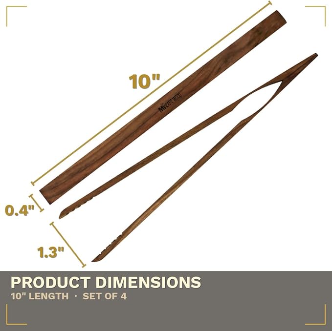 Dark Wood Toaster Tongs Set of 4 – 10 Inch Kitchen Tongs for Toast, BBQ, Cooking & Serving | Premium Dark Hardwood | Stronger & More Durable Than Bamboo Tongs