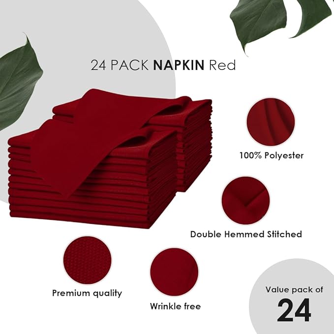 Avalon Kitchen Red Cloth Napkins Bulk (Pack of 24) - 100% Polyester Dinner Linen Napkins Cloth Washable & Reusable - Durable with Hemmed Edges - Ideal for Parties and Weddings (17x17 Inches)