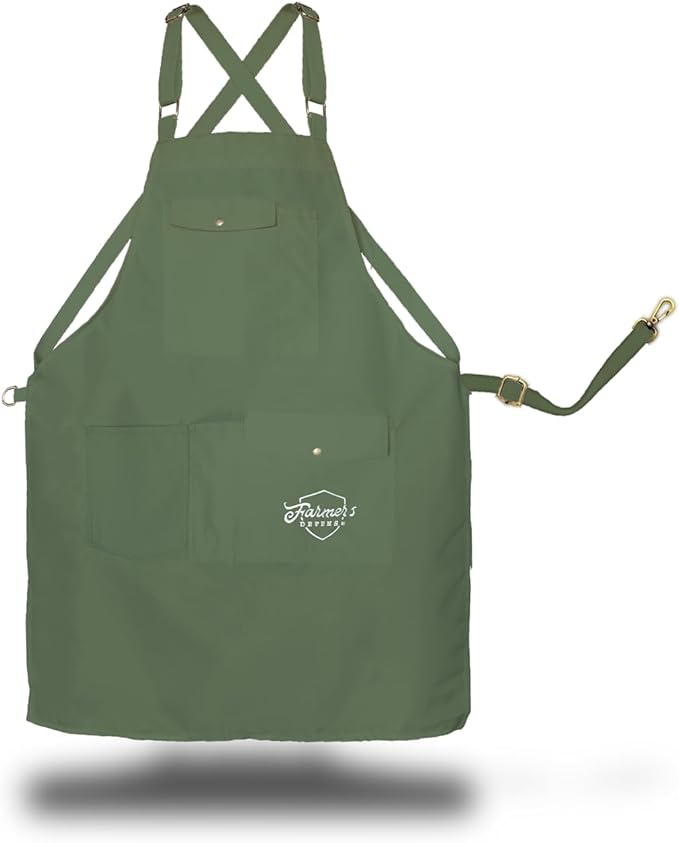 FARMER'S DEFENSE Lightweight Garden Apron with Canvas Pockets Waterproof, Eco-Friendly, Durable,Outdoor Gardening Work and Kitchen Cooking Tasks,Army Green - S/M