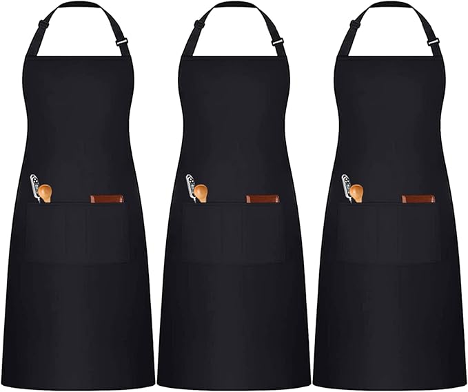 3 Pack Black White Chef Apron, Adjustable Kitchen Apron with 3 Pocket for Men Women Waitress Waiter Serve (Polycotton)