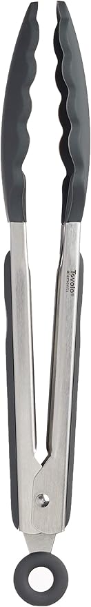 Tovolo Stainless Steel Tongs with Silicone Tip Set 9" 12" with Easy Lock Mechanism for Grilling Air Fryer Cooking Serving Salad, Heat Resistant Silicone Tipped Kitchen Tongs Warm Gray Charcoal Gray