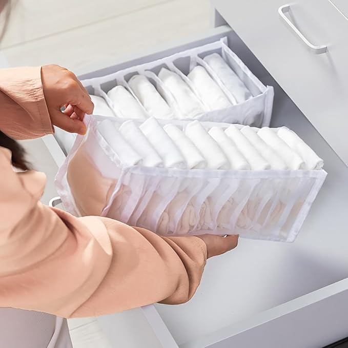 2 Pcs 11 Grids 7 Grids Underwear Drawer Organisers Sock Drawer Organizer Divider Underwear Storage Boxes Foldable Closet Dresser Drawer Organizer for Storing Socks White