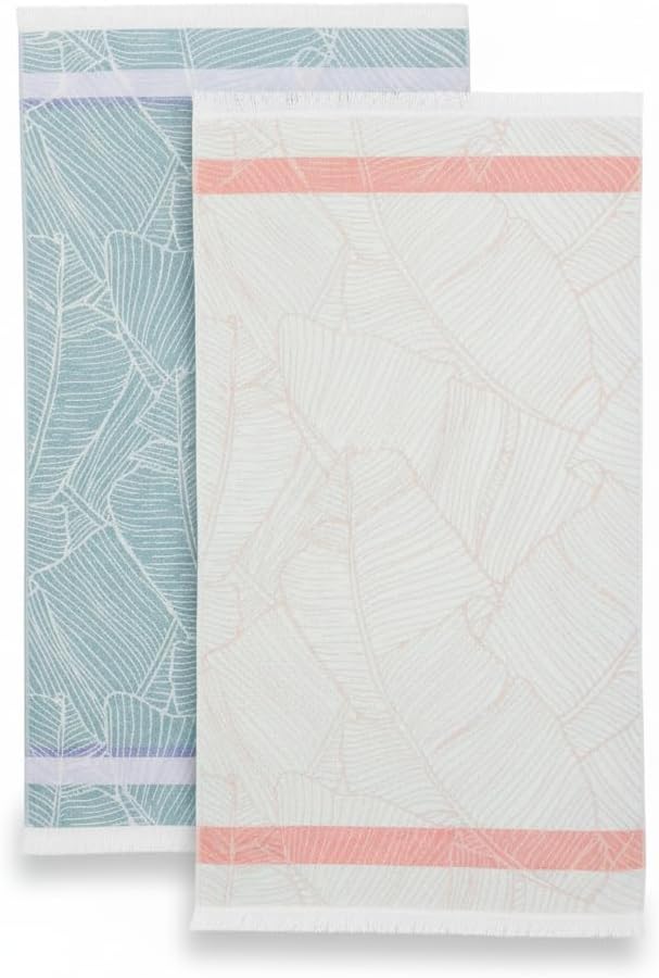 SOFE H&L | LINVIA Foutah Quick Dry Beach Towel Pack of 2 (35” x 70”) Leaves - Mint & Green | Lightweight, Premium, Fade Resistant, Durable | Travel Towel, Turkish Beach Towel with Shoulder Strap