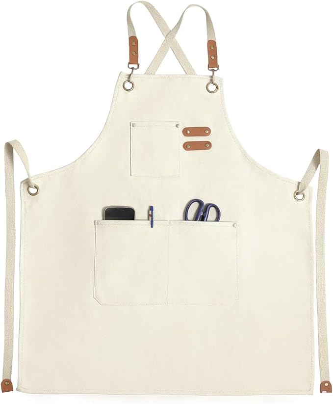 Chef Apron for Women Men with Pockets, Cotton Canvas Cross Back Adjustable Gardening Apron