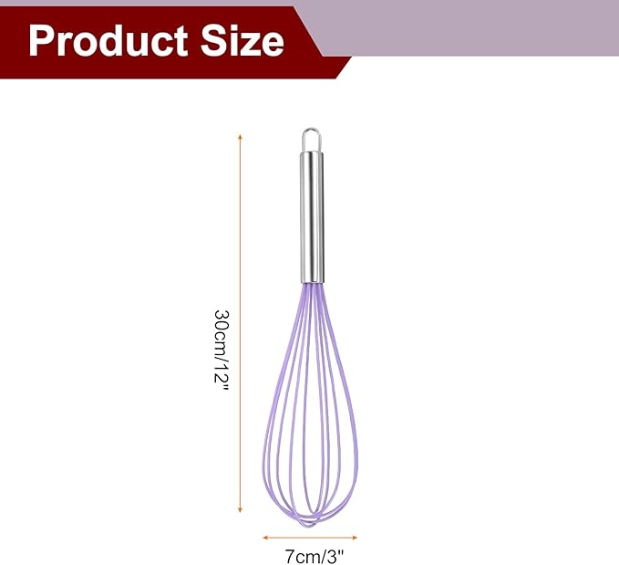HARFINGTON 5Pcs Silicone Whisk 12" Kitchen Whisk Wire Whisks Beater with Stainless Steel Handle for Egg Milk Whisking Blending Beating & Stirring, Purple