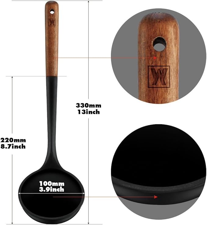 WAGENSTEIGER Set of 2pc Silicone Cooking Utensils: Wooden Handle Slotted Spatula + Cooking Ladle, Heat Resistant Cooking Utensil, BPA Free, Protects Surfaces with Gentle Head Design