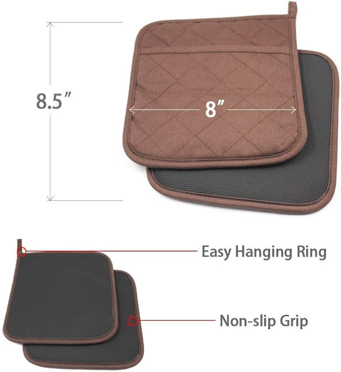 2Pcs Cotton and Neoprene Oven Pads Pot Holders with Pocket 8"x8.5" Dual-Function Hot Pad Set for Finger Hand Wrist Protection Heat Resistant to 428°F,Brown