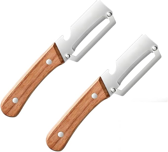 MultiFunctional Vegetable Peeler for Kitchen，Multifunctional Vegetable Peeler with Wooden Handle and Bottle Opener，2-in-1 Stainless Steel Kitchen Tool for Fruit Apple Potato Pumpkin Papaya (2)