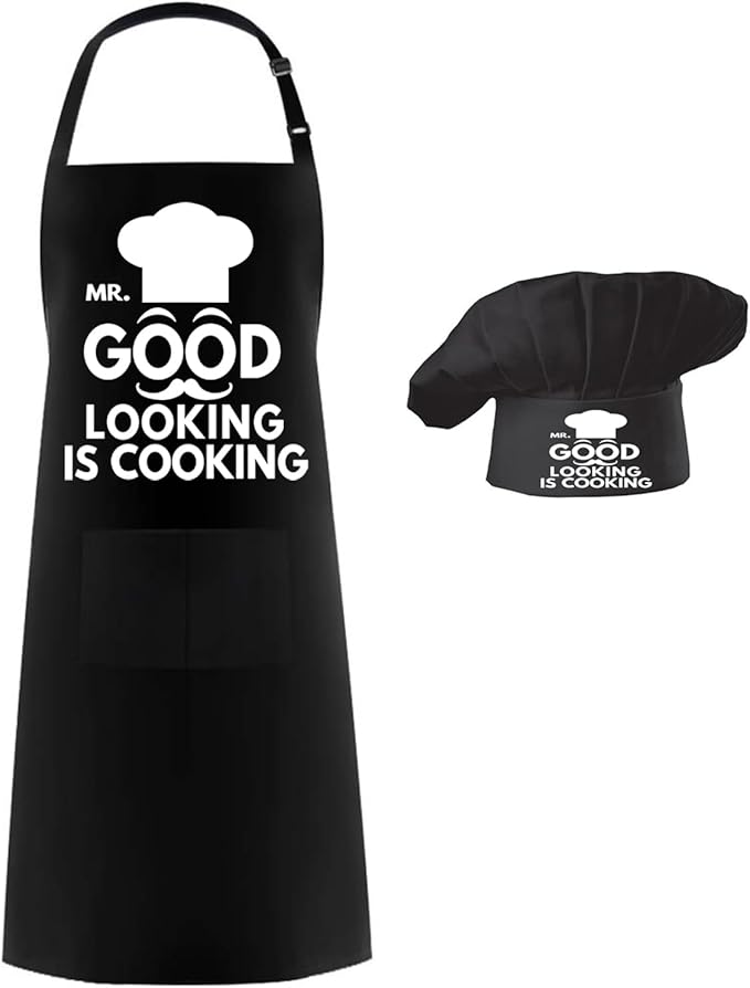 Hyzrz Chef Apron Hat Set,Adjustable Chef Hat and Apron Baker Costume with Pocket for Kitchen Grill BBQ Fathers Mothers Gift
