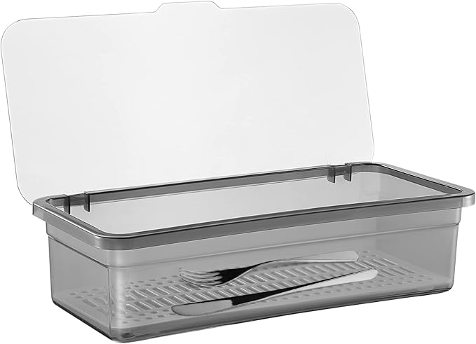 Cabilock Utensil Tray with Lid and Drain Rack, Dust-Proof Chopsticks Storage Boxes, Tableware Organizer Kitchen Cutlery Container Holder for Drawer, Table, Countertops, Cabinets