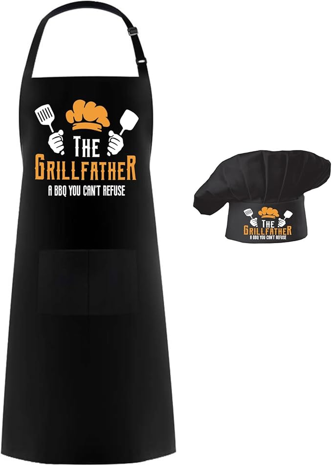 Hyzrz Chef Apron Hat Set,Adjustable Chef Hat and Apron Baker Costume with Pocket for Kitchen Grill BBQ Fathers Mothers Gift