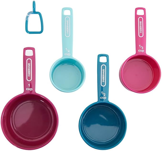 Farberware Kitchen Basics Measuring Cup & Spoon Set, 9-Piece Colorful Nesting Design with Easy-to-Read Markings - Stackable Cooking & Baking Tools with Ring Organizer, Dishwasher Safe Plastic