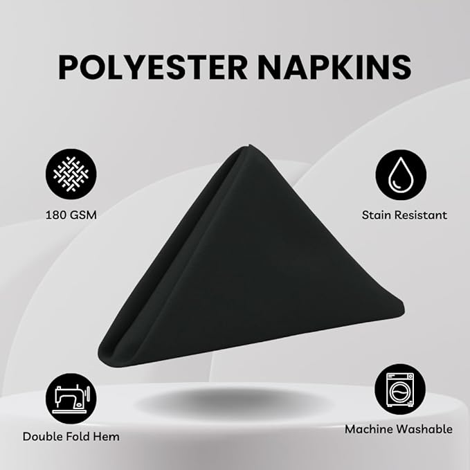 Your Chair Covers Cloth Polyester Napkins, 20 x 20 Inch, Washable Dinner Fabric Linen Napkins with Hemmed Edges for Restaurant, Wedding and Holiday Pack of 10 (Black)