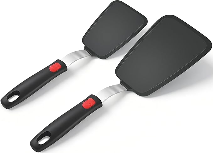 2Pack Flexible Silicone Spatula Turner, Heat Resistant Silicone Turner for Non-Stick Cookware, BPA-Free Kitchen Spatula Utensils, Ideal for Flipping Eggs, Burgers, Pancakes, Black