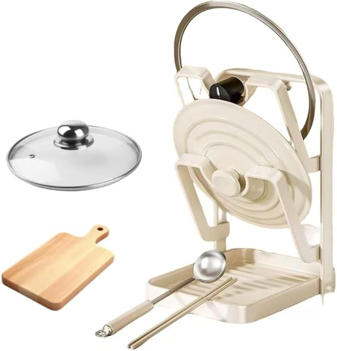 Generic Pot Lid Organizer and Kitchen Pot Lid Holder, With a Removable Drain Tray for Holding Pot Lids Spatulas Chopsticks and Spoons While Cooking,Saves Space. (White)