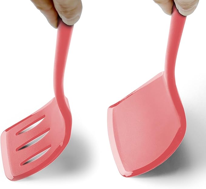 Silicone Pancake Spatula Turner with Lengthened Handle& Seamless Design, Heat Resistant Cooking Spatulas for Nonstick Cookware, Large Flexible Kitchen Utensils, Flipper for Egg, Pancake, Burger, Red
