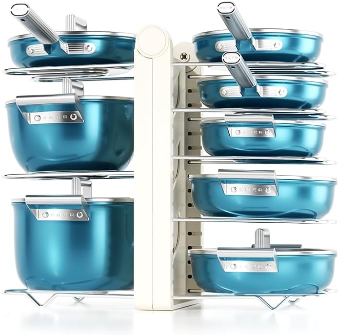 Pots and Pans Organizer under Cabinet,15.35" Height 8 Tier Pot Organizers Rack,Heavy-Duty Pot & Pan Organizer,Adjustable Pan Organizer under Cabinet Kitchen Organization and Storage,White