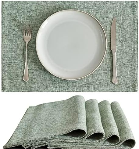 JINCHAN Cloth Placemats Set of 4 Faux Linen Place Mats Burlap Textured Fabric Table Mats Farmhouse Placemats for Dining Home Decor Double Layer Tablemats 13x19 Inch Heathered Green