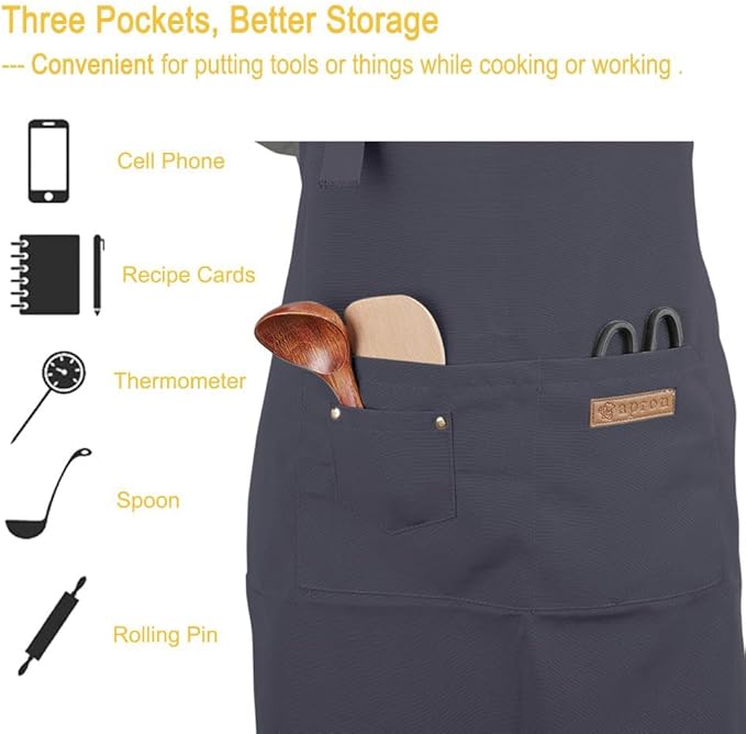 Kitchen Cooking Apron for Women Men with Big Pockets Canvas Waterproof Aprons for Server Pottery Artist Chef Apron