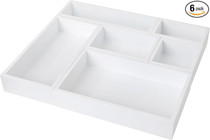 Martha Stewart Enzo Wooden Desk Drawer Organizer Set, Engineered Wood Organizers in Various Sizes, 6 Piece, White