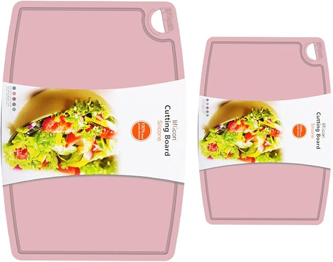 Liflicon Thick Silicone Cutting Boards for Kitchen Silicone Chopping Boards/Mats Set of 2 Extra Large14.6''x10.43'', Mini 9.1”x7.1” Non-slip Deep Drip Juice Groove, Dishwasher Safe-Soft Pink