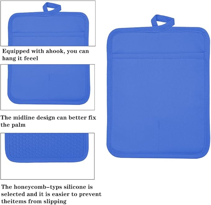 Oven Pot Holder with Pocket Cotton Heat Resistant Coaster Potholder Kitchen Hot Pad Oven Mitts for Cooking and Baking Square 7"x9" (Klein Blue, Silicone)