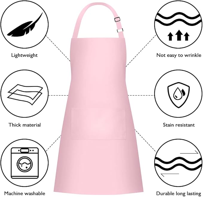 Jubatus 2 Pack 100% Cotton Aprons with 2 Pockets Cooking Chef Kitchen Adjustable Bib Apron for Women Men, Pink