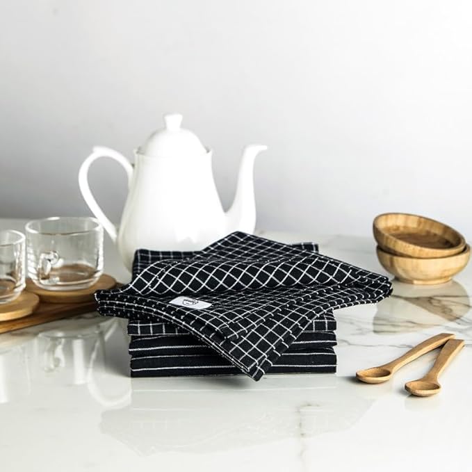 Encasa XO Cotton Kitchen Towel Set | Hand and Tea Cloth for Cleaning & Quick Drying, X-Large 28"x18" (Pack of 4) Highly Absorbent - Butcher Black