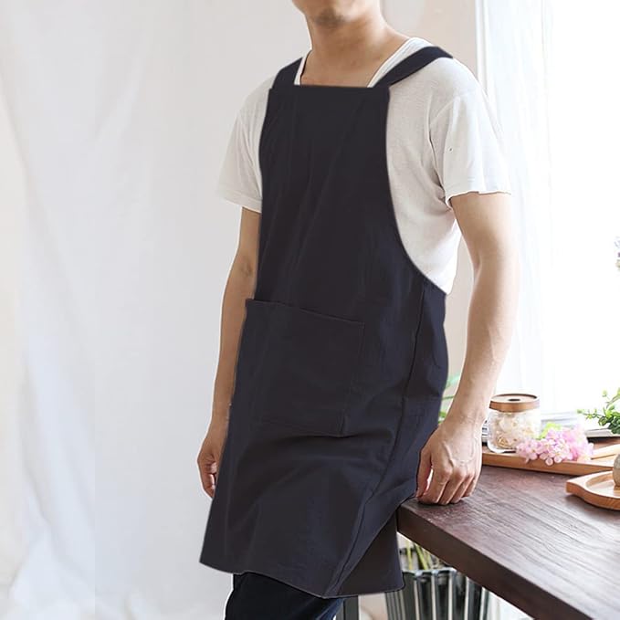 NEWGEM Japanese Cotton Linen Cross Back Cooking Apron for Women Men with Pockets Cute for Baking Kitchen