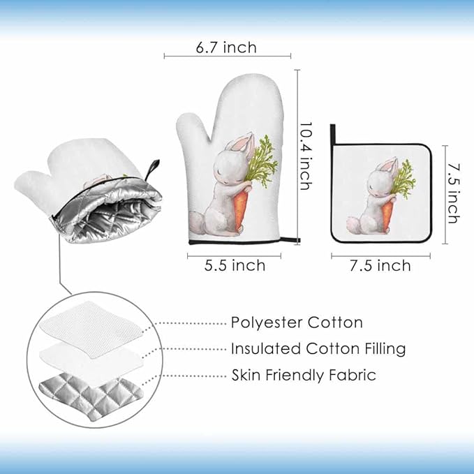 Cute Rabbit Oven Mitts and Pot Holders Sets Sleeping Hare with Carrot Heat Resistant 3pcs for Cooking Baking BBQ