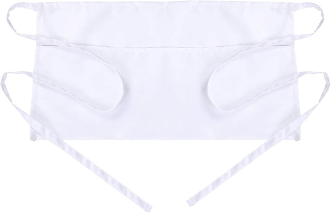 BOHARERS Waist Apron with 3 Pockets - White Waitress Waiter Server Short Apron