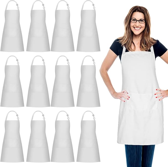 Jubatus 12 Pack 100% Cotton Aprons Bulk with 2 Pockets Cooking Chef Kitchen Adjustable Bib Apron for Women Men, White